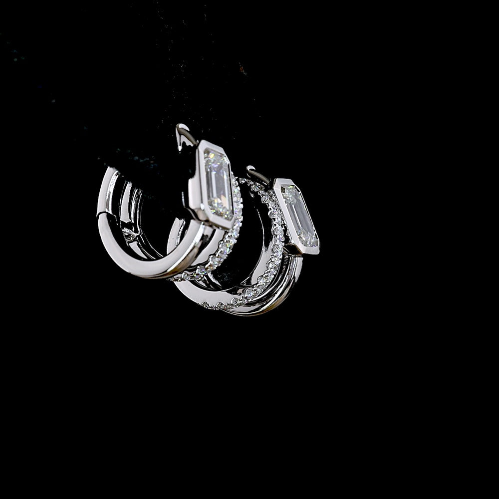14K White Gold Huggie Earrings with Bezel Set Emerald Cut Lab Diamonds and Prong Set Brilliant Cut Diamond Accents - 1.30 Carat Total Diamond Weight - Covaloro Fine Jewelry