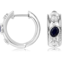 14K White Gold Huggie Earrings with Bezel-Set Oval Sapphires and Round Diamonds - 0.48 Carat Total Sapphire Weight and 0.18 Carat Total Diamond Weight - Royal Jewelry