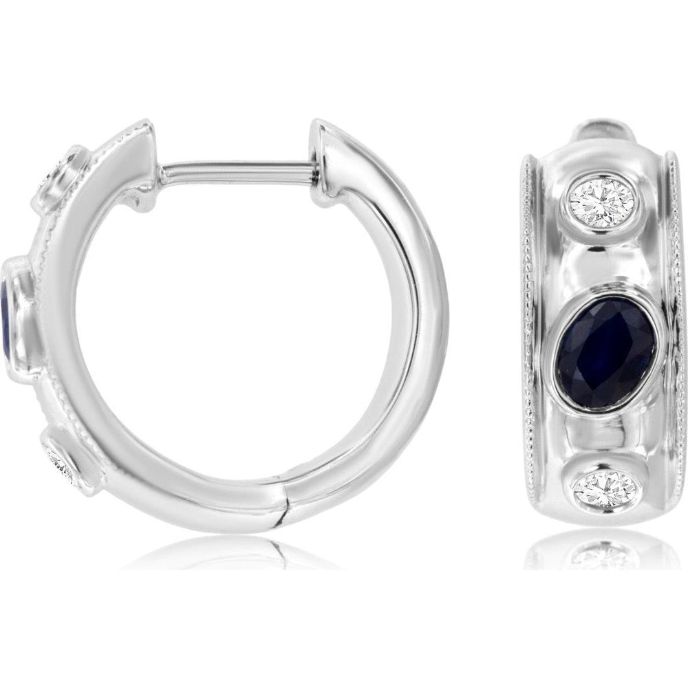 14K White Gold Huggie Earrings with Bezel-Set Oval Sapphires and Round Diamonds - 0.48 Carat Total Sapphire Weight and 0.18 Carat Total Diamond Weight - Royal Jewelry