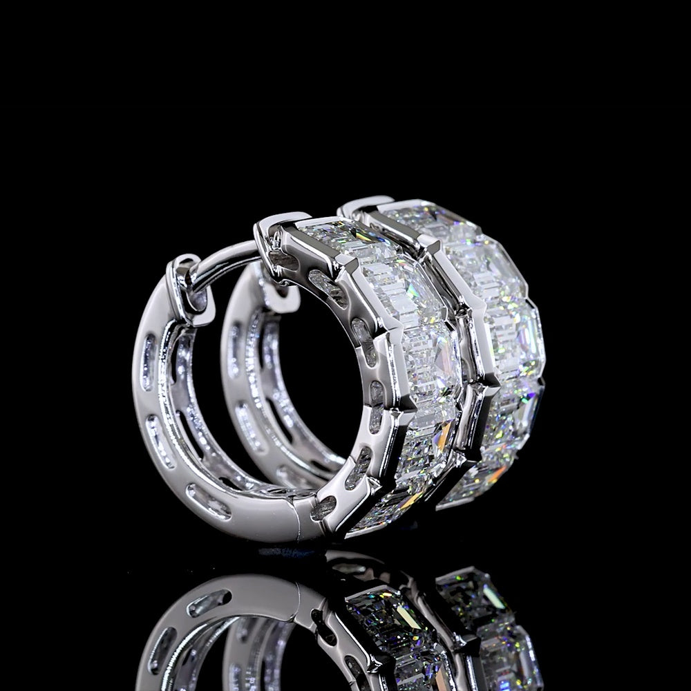 14K White Gold Huggie Earrings with Half Bezel Set Emerald Cut Lab Diamonds - 3.02 Total Carat Weight, E-F Color VS Clarity - Covaloro Fine Jewelry