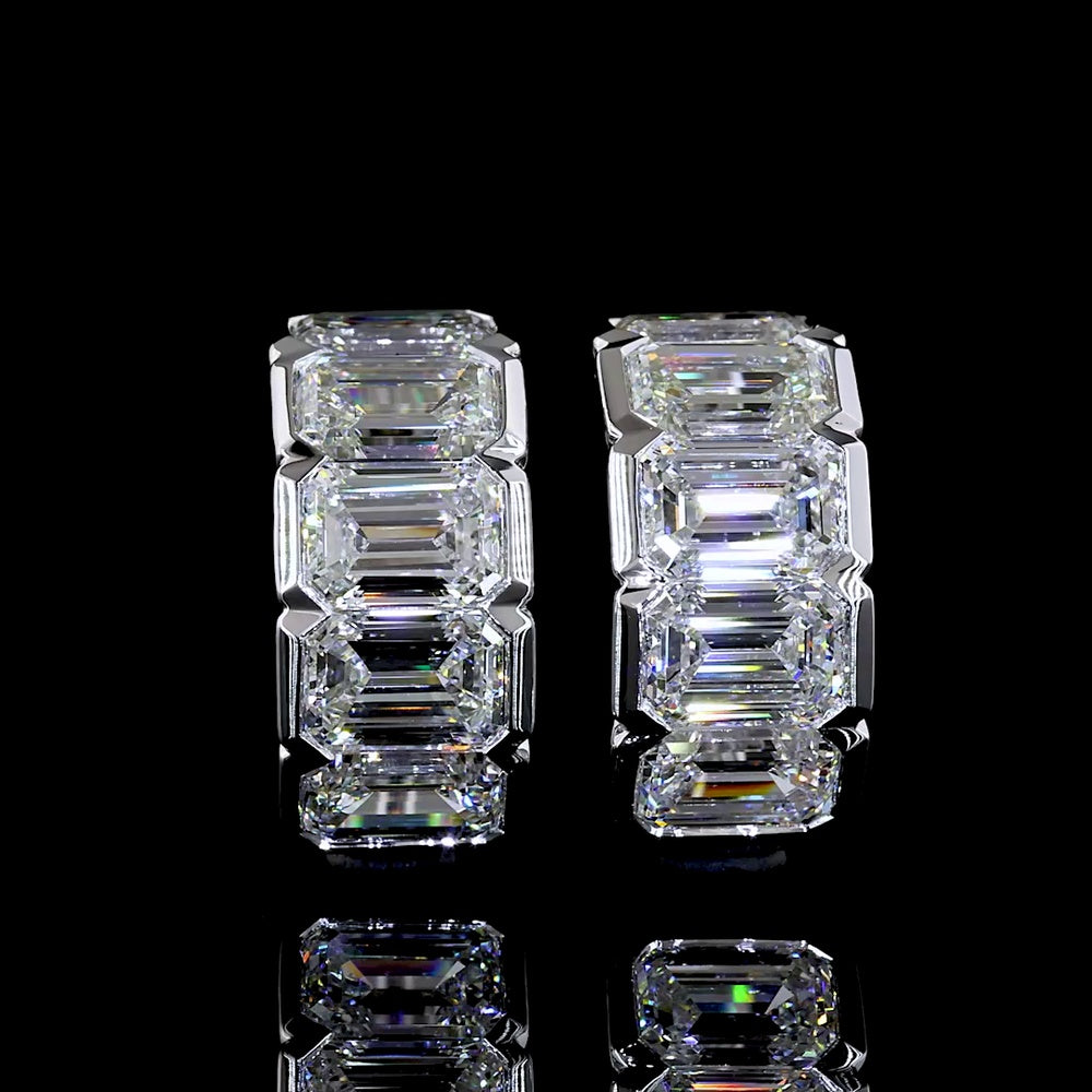 14K White Gold Huggie Earrings with Half Bezel Set Emerald Cut Lab Diamonds - 5.18 Total Carat Weight - Covaloro Fine Jewelry