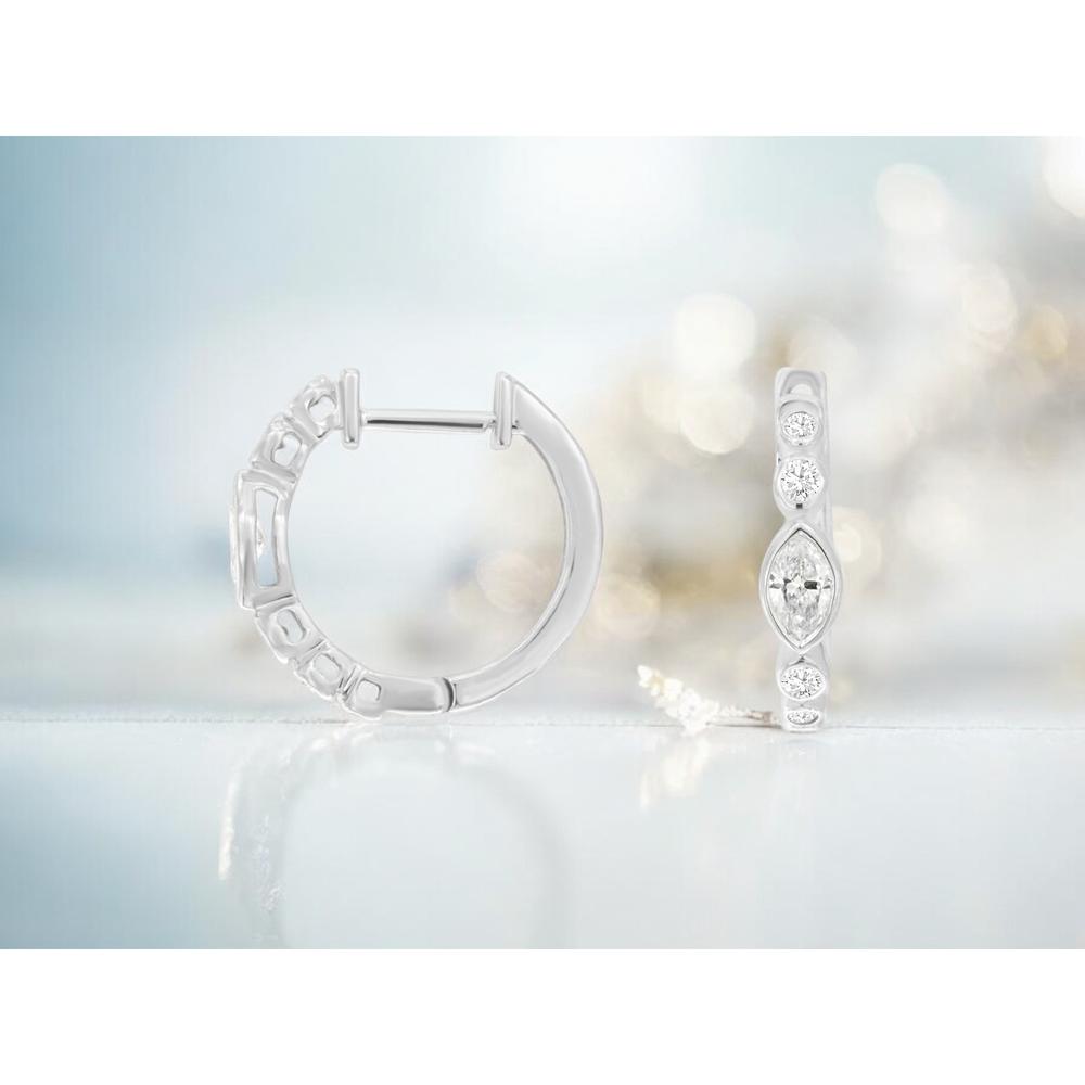 14K White Gold Huggie Earrings with Marquise and Round Diamonds - 0.47 Carat Total Diamond Weight - Royal Jewelry