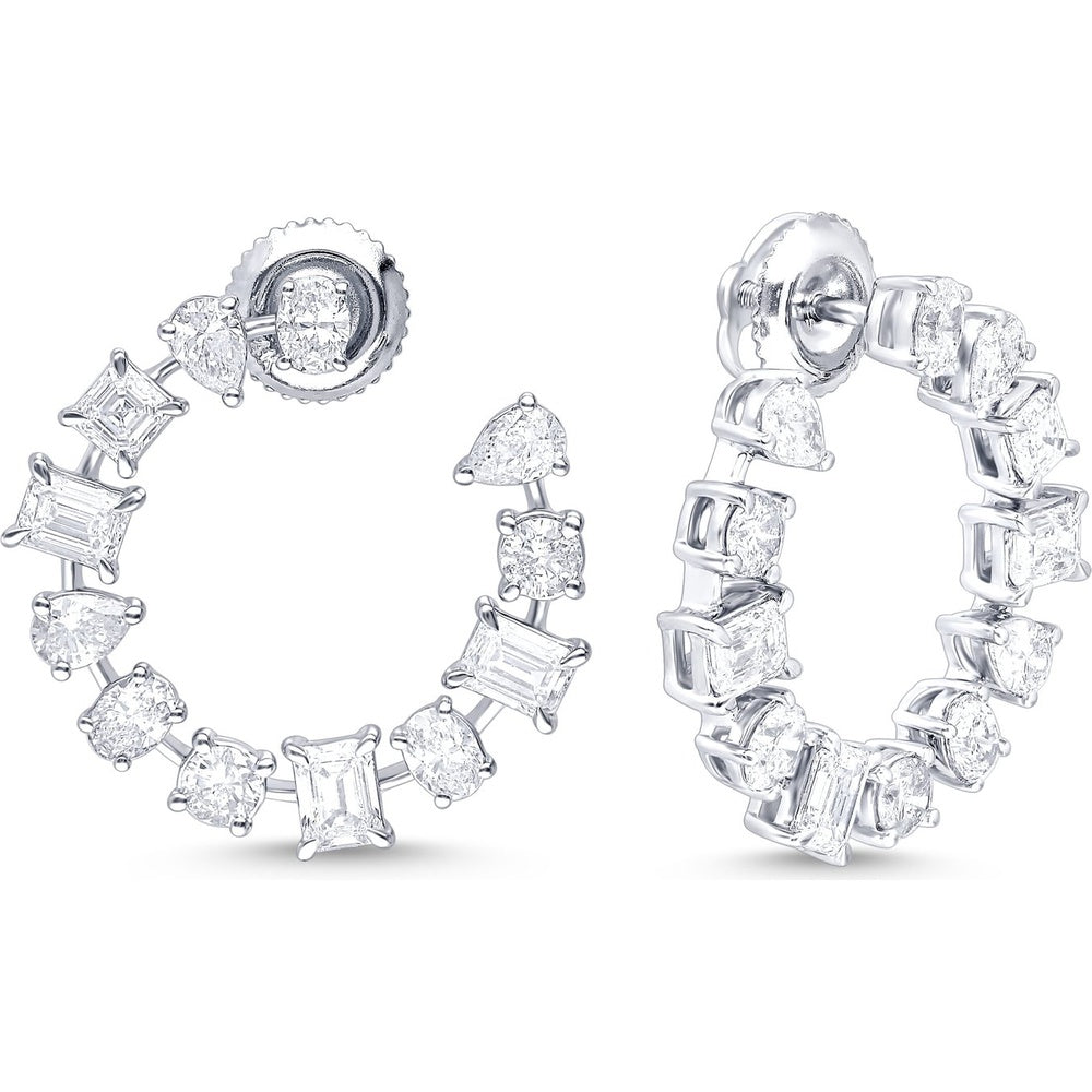 14K White Gold Huggie Earrings with Mixed Round, Princess, Emerald and Pear Cut Diamonds - 2.81 Carat Total Diamond Weight by Auriventus