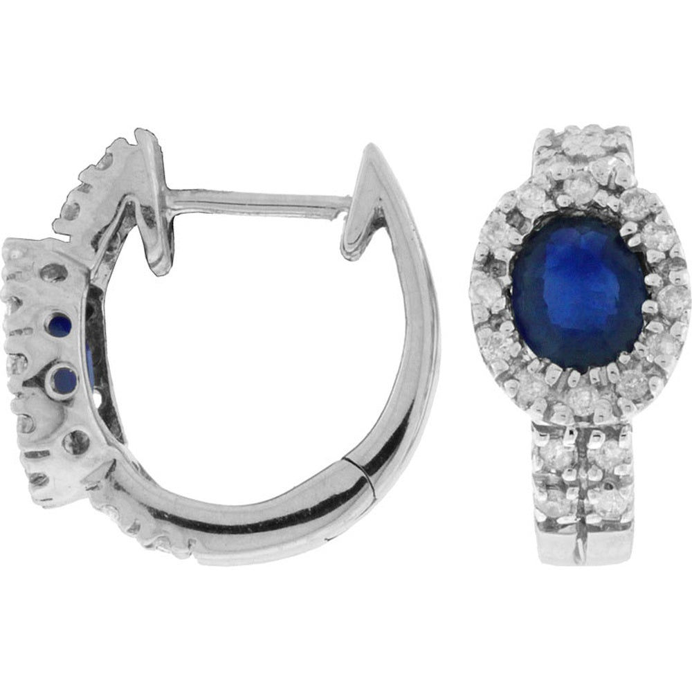 14K White Gold Huggie Earrings with Oval Sapphire and Round Diamond Halo - 0.90 Carat Total Sapphire Weight and 0.22 Carat Total Diamond Weight - Royal Jewelry