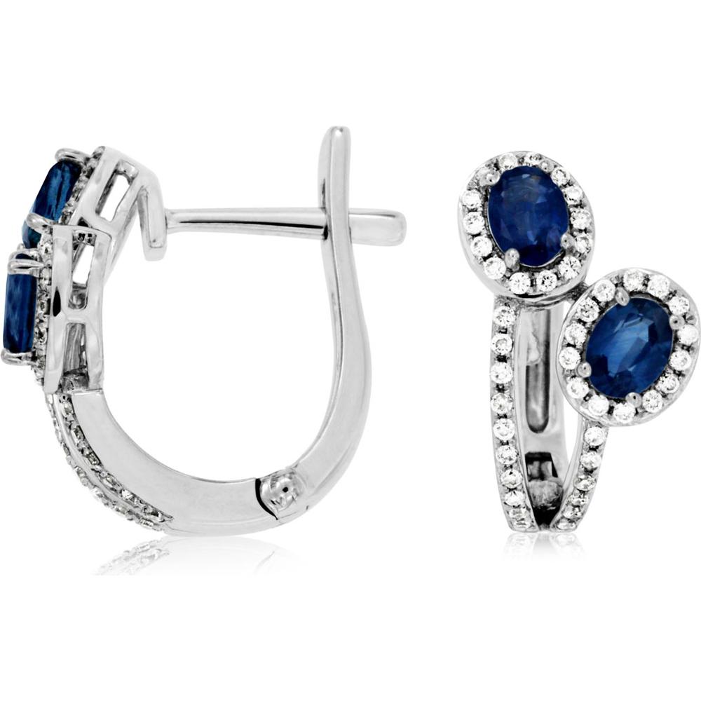 14K White Gold Huggie Earrings with Oval Sapphires and Diamond Halos - 0.80 Carat Total Sapphire Weight & 0.25 Carat Total Diamond Weight - Royal Jewelry
