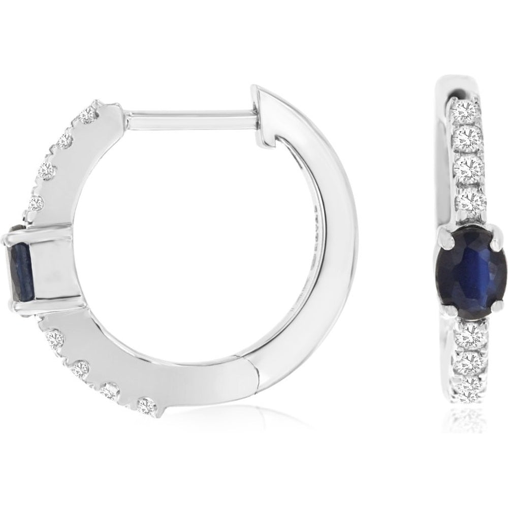 14K White Gold Huggie Earrings with Oval Sapphires and Pavé-Set Round Diamonds - 0.50 Carat Total Sapphire Weight and 0.20 Carat Total Diamond Weight - Royal Jewelry