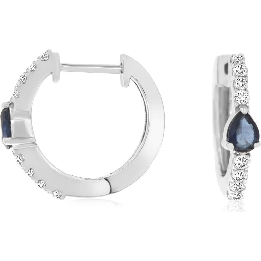 14K White Gold Huggie Earrings with Pear Cut Sapphires and Round Diamond Accents - 0.37 Carat Total Sapphire Weight and 0.20 Carat Total Diamond Weight - Royal Jewelry