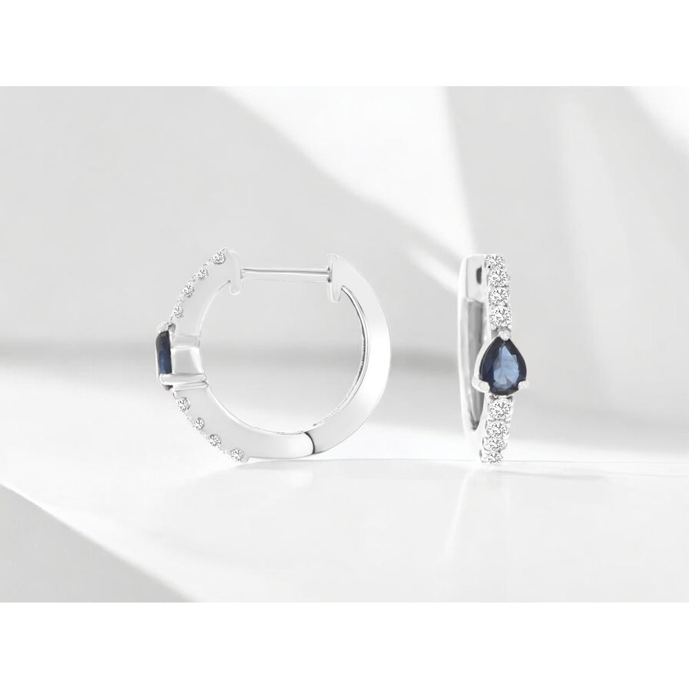 14K White Gold Huggie Earrings with Pear Cut Sapphires and Round Diamond Accents - 0.37 Carat Total Sapphire Weight and 0.20 Carat Total Diamond Weight - Royal Jewelry
