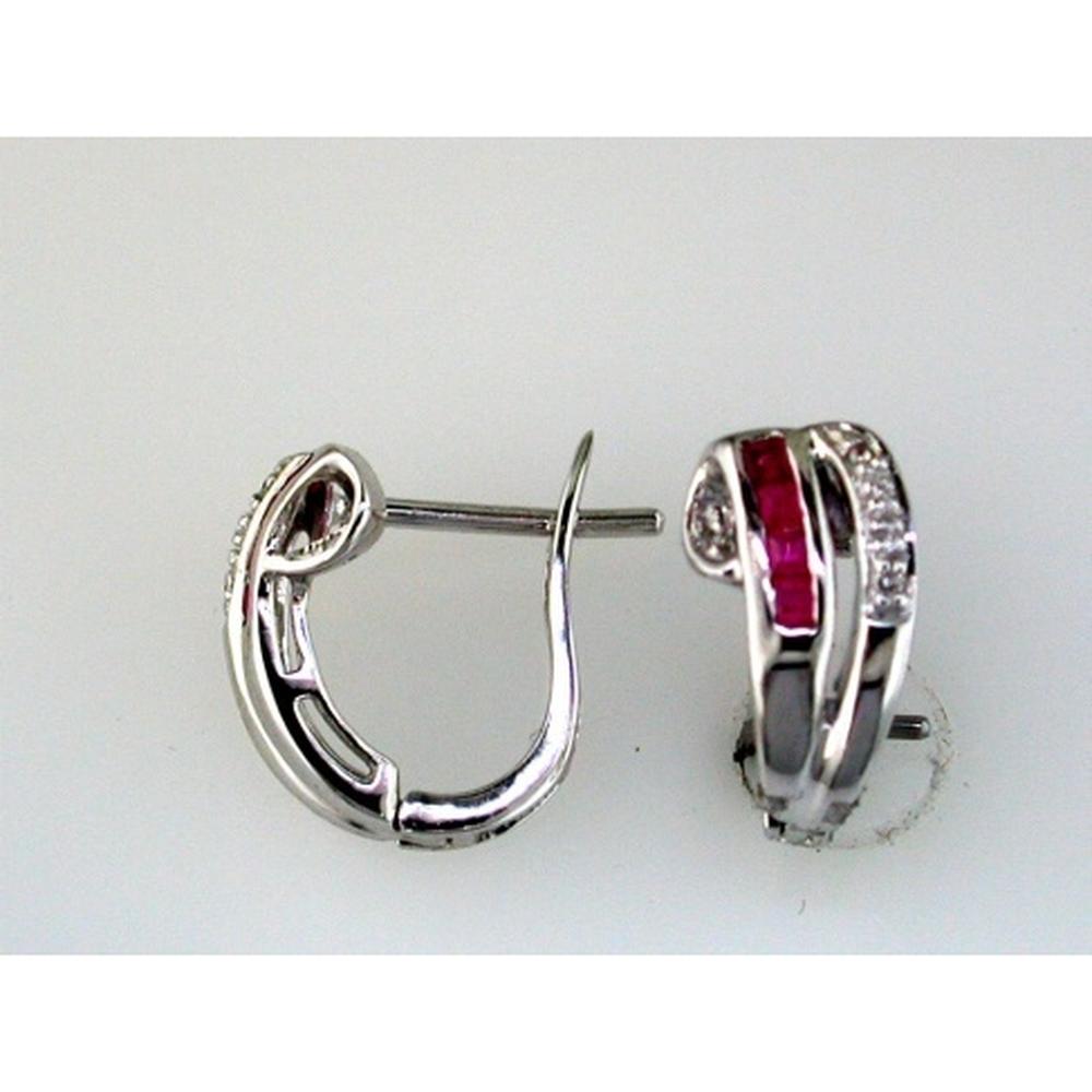 14K White Gold Huggie Earrings with Princess Cut Rubies and Round Diamond Accents - 0.28 Carat Total Ruby Weight and 0.02 Carat Total Diamond Weight - Royal Jewelry