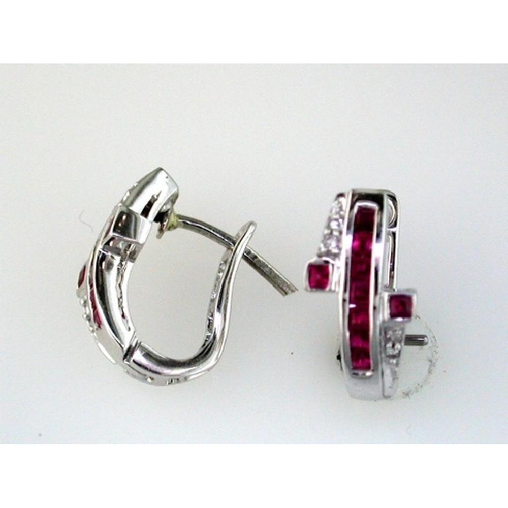14K White Gold Huggie Earrings with Princess Cut Rubies and Round Diamond Accents - 0.80 Carat Total Ruby Weight - Royal Jewelry