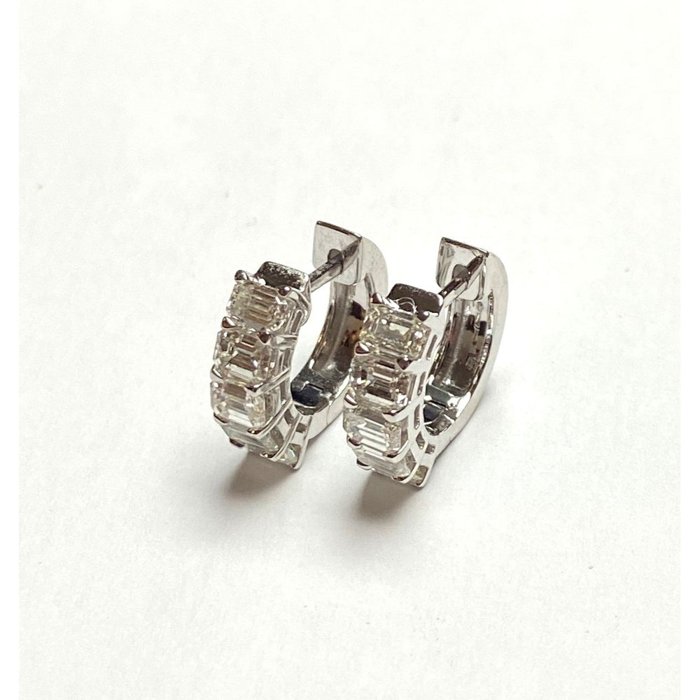 14K White Gold Huggie Earrings with Prong-Set Emerald Cut Diamonds - 1.66 Carat Total Diamond Weight by Auriventus