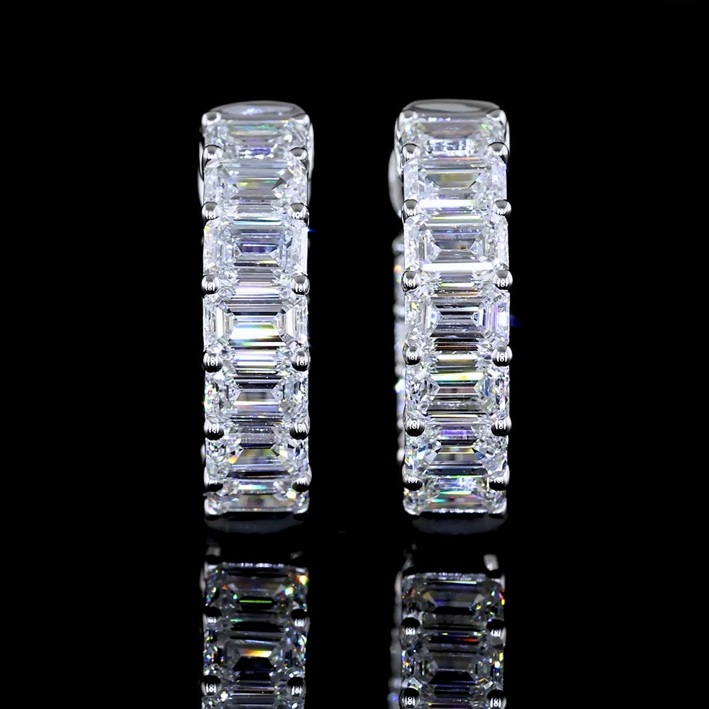 14K White Gold Huggie Earrings with Prong Set Emerald Cut Lab Diamonds - 2.54 Carat Total Weight - Covaloro Fine Jewelry