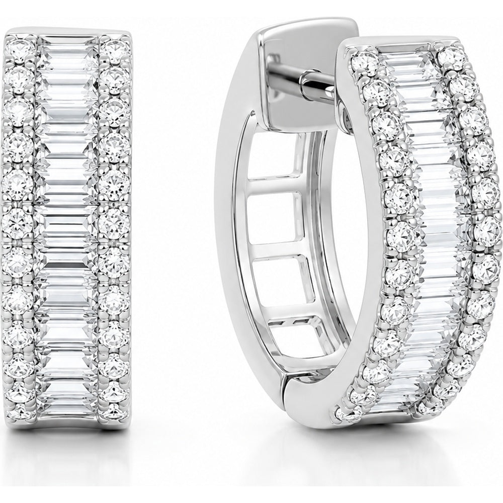 14K White Gold Huggie Earrings with Round and Baguette Diamonds - 1.36 Carat Total Diamond Weight by Auriventus