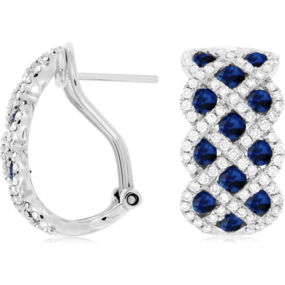 14K White Gold Huggie Earrings with Round Blue Sapphires and Round Diamonds - 2.00 Carat Total Sapphire Weight and 1.00 Carat Total Diamond Weight - Royal Jewelry