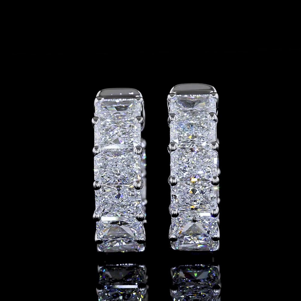 14K White Gold Huggie Earrings with Shared Prong Set Radiant Cut Lab Diamonds - 2.99 Carats Total Diamond Weight - Covaloro Fine Jewelry