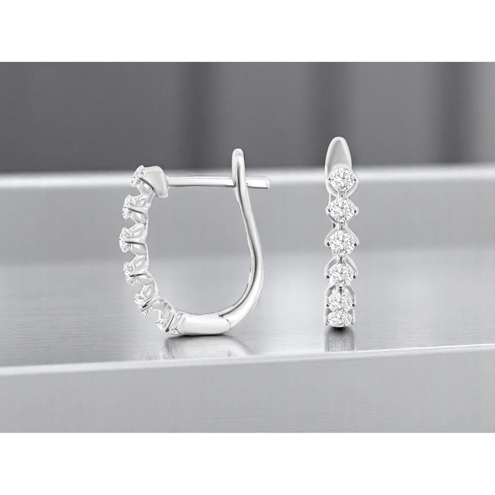 14K White Gold Huggie Earrings with Shared-Prong Set Round Brilliant Diamonds - 0.50 Carat Total Diamond Weight - Royal Jewelry