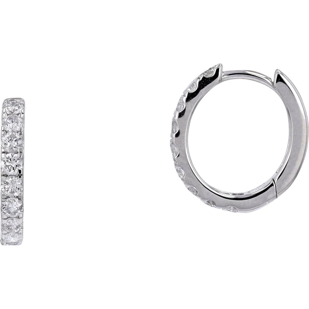 14K White Gold Huggie Earrings with Shared-Prong Set Round Diamonds - 3/4 Carats Total Diamond Weight