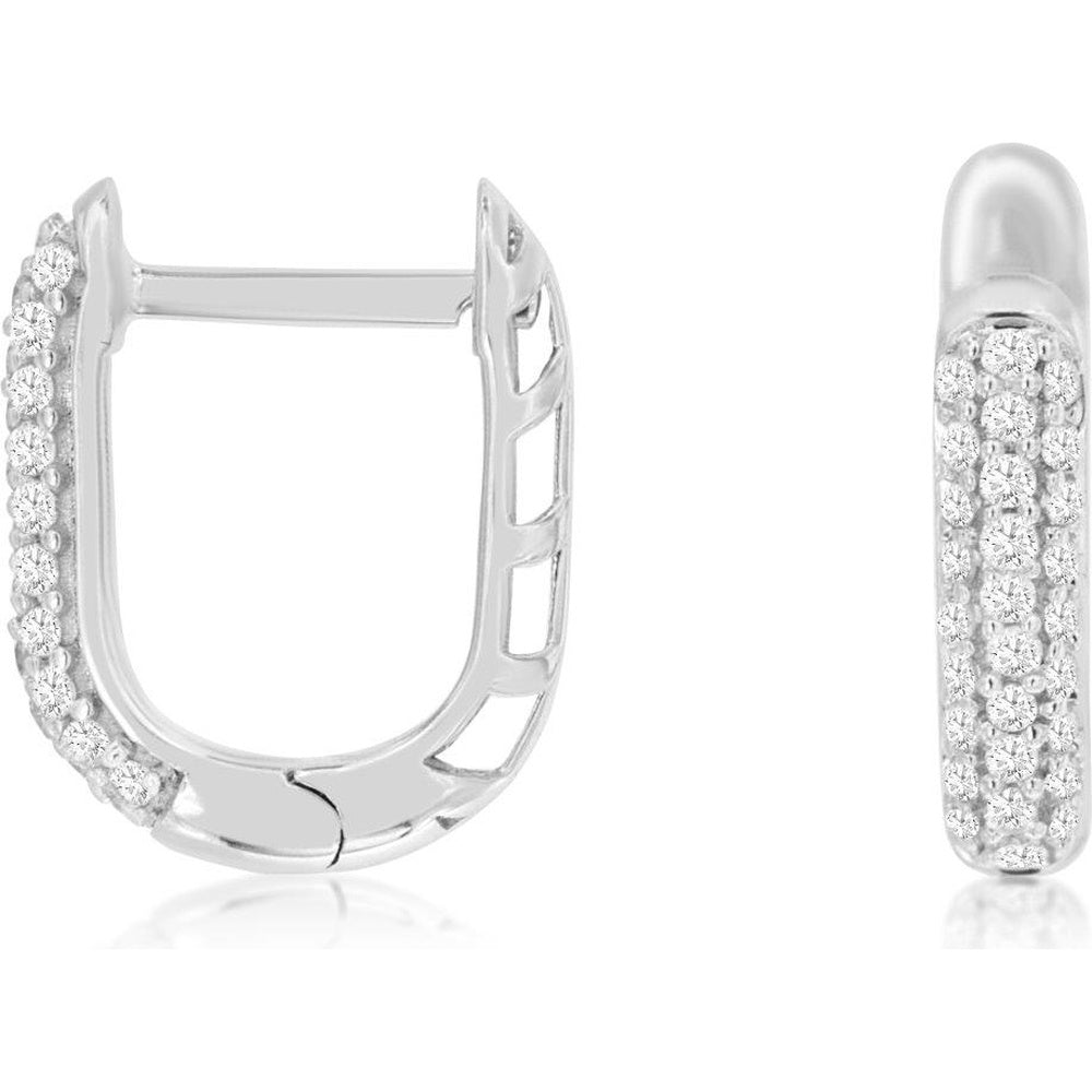 14K White Gold Huggie Earrings with Two-Row Prong Set Round Diamonds - 0.25 Carat Total Diamond Weight - Royal Jewelry