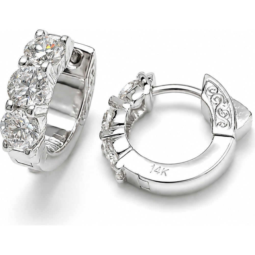14K White Gold Huggie Hoop Earrings with 3-Stone Shared Prong Set Round Lab Grown Diamonds - 1.54 Carat Total Diamond Weight by Auriventus