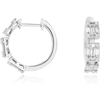 14K White Gold Huggie Hoop Earrings with Alternating Baguette and Round Diamonds - 0.52 Carat Total Diamond Weight - Royal Jewelry