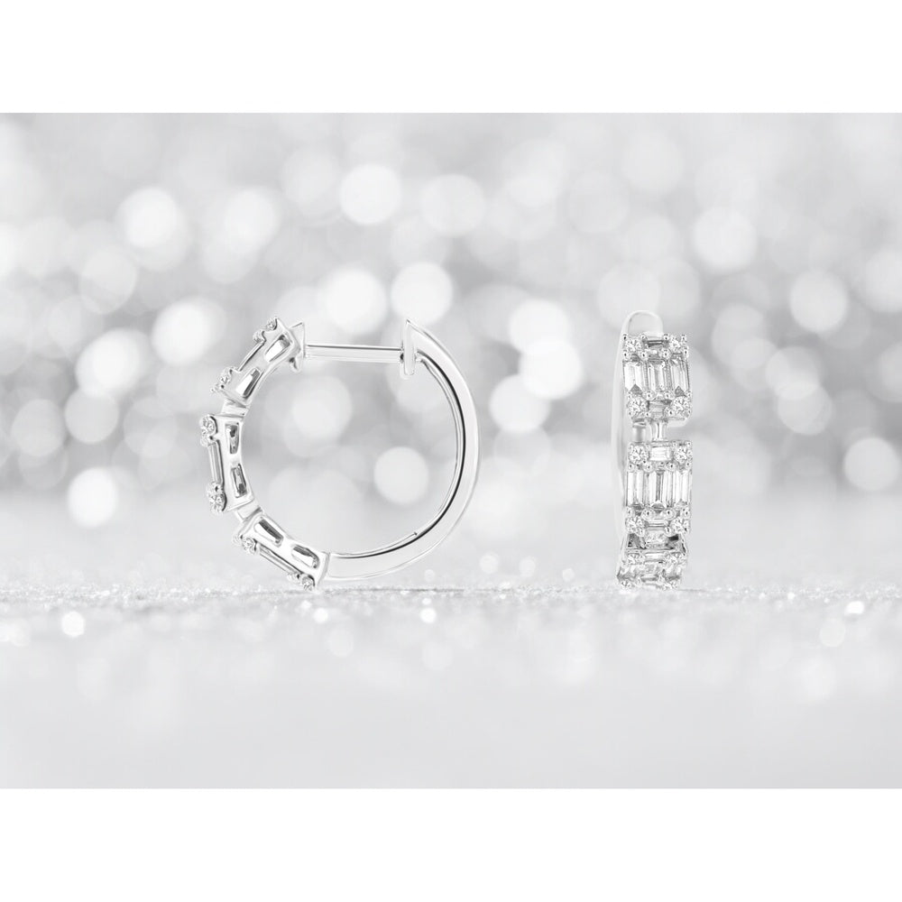 14K White Gold Huggie Hoop Earrings with Alternating Baguette and Round Diamonds - 0.52 Carat Total Diamond Weight - Royal Jewelry