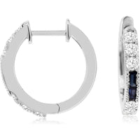 14K White Gold Huggie Hoop Earrings with Alternating Baguette Sapphires and Round Diamonds - 0.66 Carat Total Diamond Weight and 0.30 Carat Total Sapphire Weight - Royal Jewelry