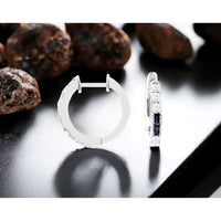 14K White Gold Huggie Hoop Earrings with Alternating Baguette Sapphires and Round Diamonds - 0.66 Carat Total Diamond Weight and 0.30 Carat Total Sapphire Weight - Royal Jewelry