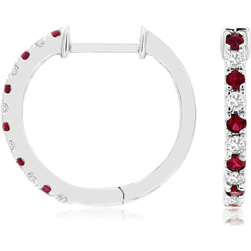 14K White Gold Huggie Hoop Earrings with Alternating Round Rubies and Diamonds - 0.15 Carat Ruby and 0.12 Carat Total Diamond Weight - Royal Jewelry