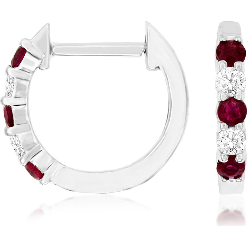 14K White Gold Huggie Hoop Earrings with Alternating Round Rubies and Round Diamonds - 0.15 Carat Total Ruby Weight and 0.10 Carat Total Diamond Weight - Royal Jewelry