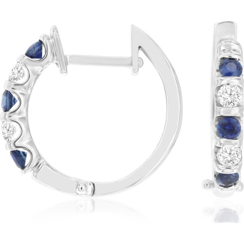 14K White Gold Huggie Hoop Earrings with Alternating Round Sapphires and Diamonds - 0.40 Carat Total Sapphire Weight and 0.20 Carat Total Diamond Weight - Royal Jewelry