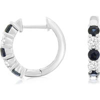 14K White Gold Huggie Hoop Earrings with Alternating Round Sapphires and Diamonds - 0.85 Carat Sapphire & 0.41 Carat Diamond Total Weight - Royal Jewelry