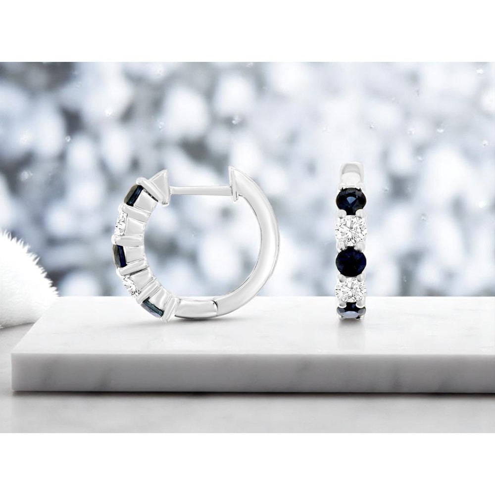 14K White Gold Huggie Hoop Earrings with Alternating Round Sapphires and Diamonds - 0.85 Carat Sapphire & 0.41 Carat Diamond Total Weight - Royal Jewelry