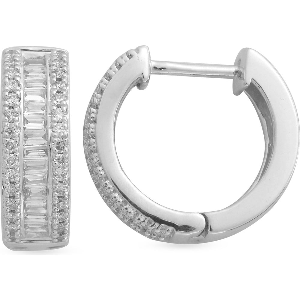 14K White Gold Huggie Hoop Earrings with Baguette and Round Diamonds - 0.55 Carat Total Diamond Weight by Auriventus