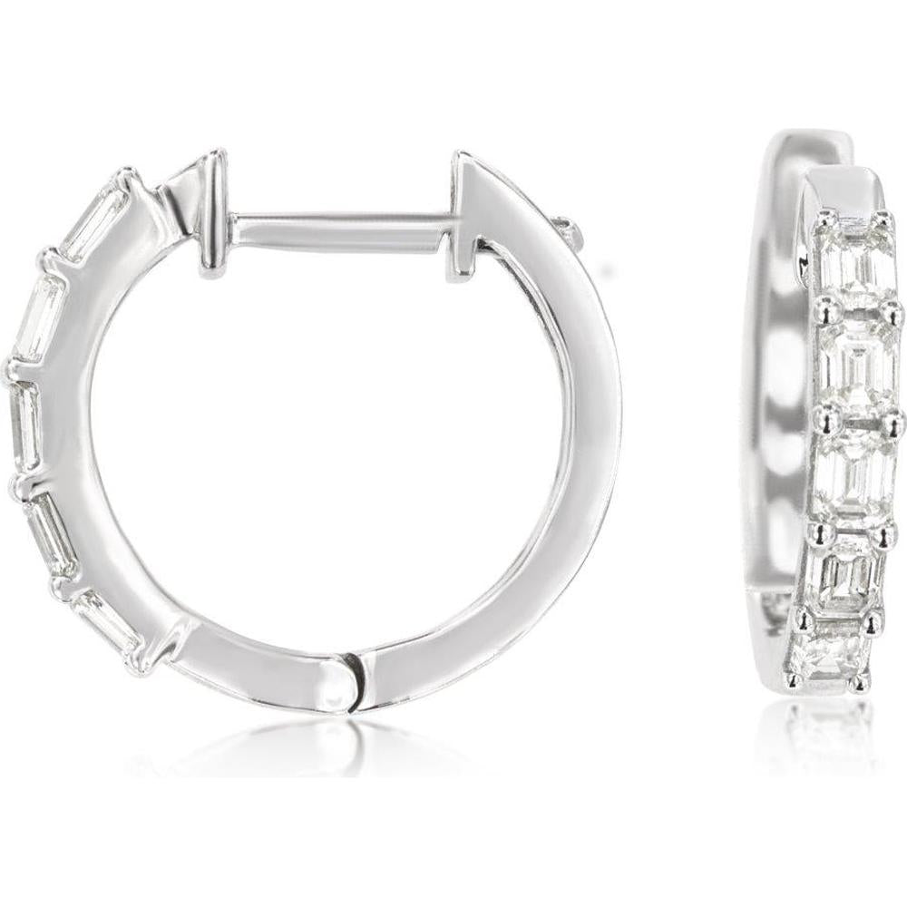 14K White Gold Huggie Hoop Earrings with Baguette Cut Diamonds - 0.64 Carat Total Diamond Weight - Royal Jewelry