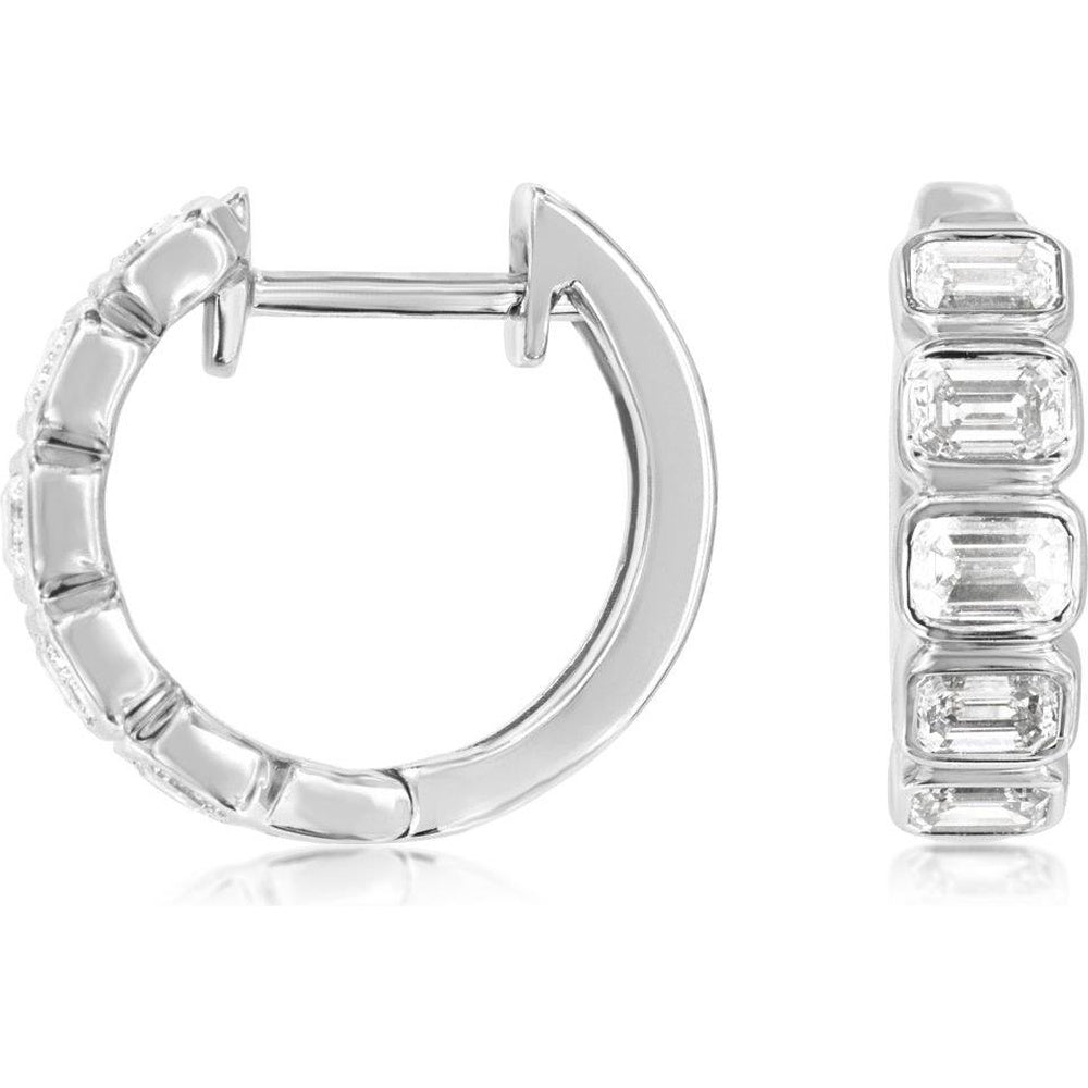 14K White Gold Huggie Hoop Earrings with Bezel-Set Emerald Cut Diamonds - 1.00 Carat Total Diamond Weight - Royal Jewelry