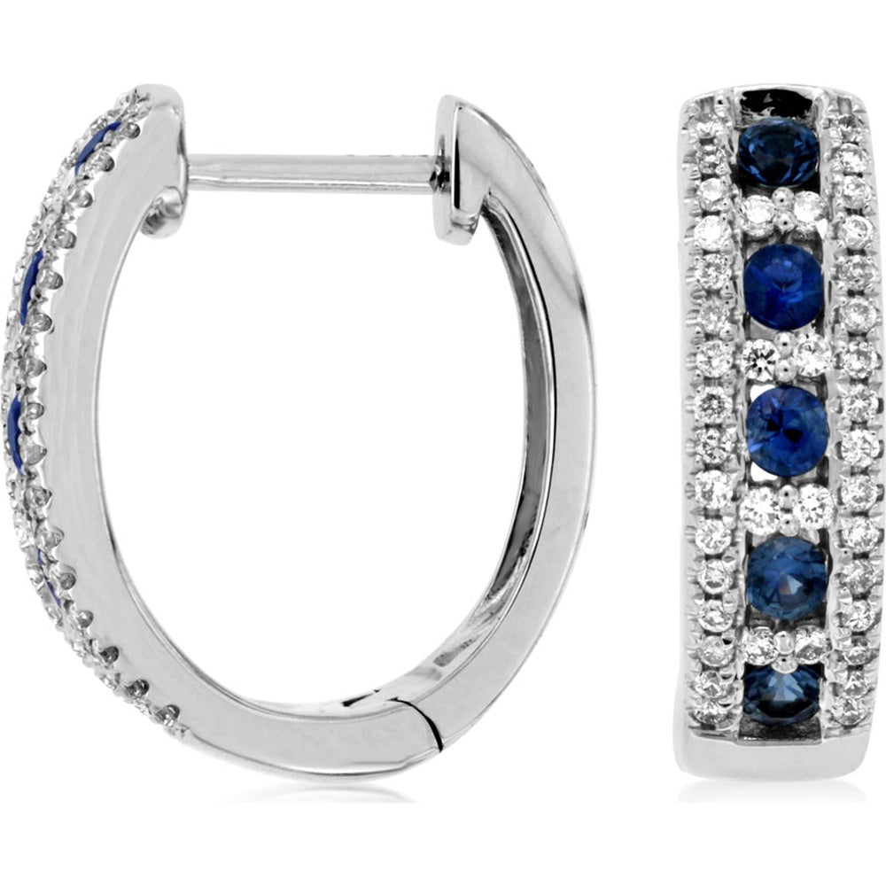 14K White Gold Huggie Hoop Earrings with Channel Set Round Sapphires and Diamond Borders - 0.46 Carat Total Sapphire Weight and 0.27 Carat Total Diamond Weight - Royal Jewelry