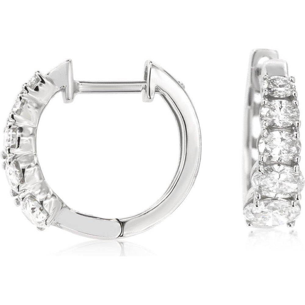 14K White Gold Huggie Hoop Earrings with Five-Prong Set Oval Cut Diamonds - 1.30 Carat Total Diamond Weight - Royal Jewelry