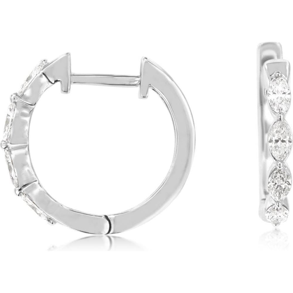 14K White Gold Huggie Hoop Earrings with Marquise Cut Diamonds - 0.45 Carat Total Diamond Weight - Royal Jewelry