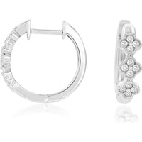14K White Gold Huggie Hoop Earrings with Milgrain Four-Leaf Clover Diamond Clusters - 0.21 Carat Total Diamond Weight - Royal Jewelry