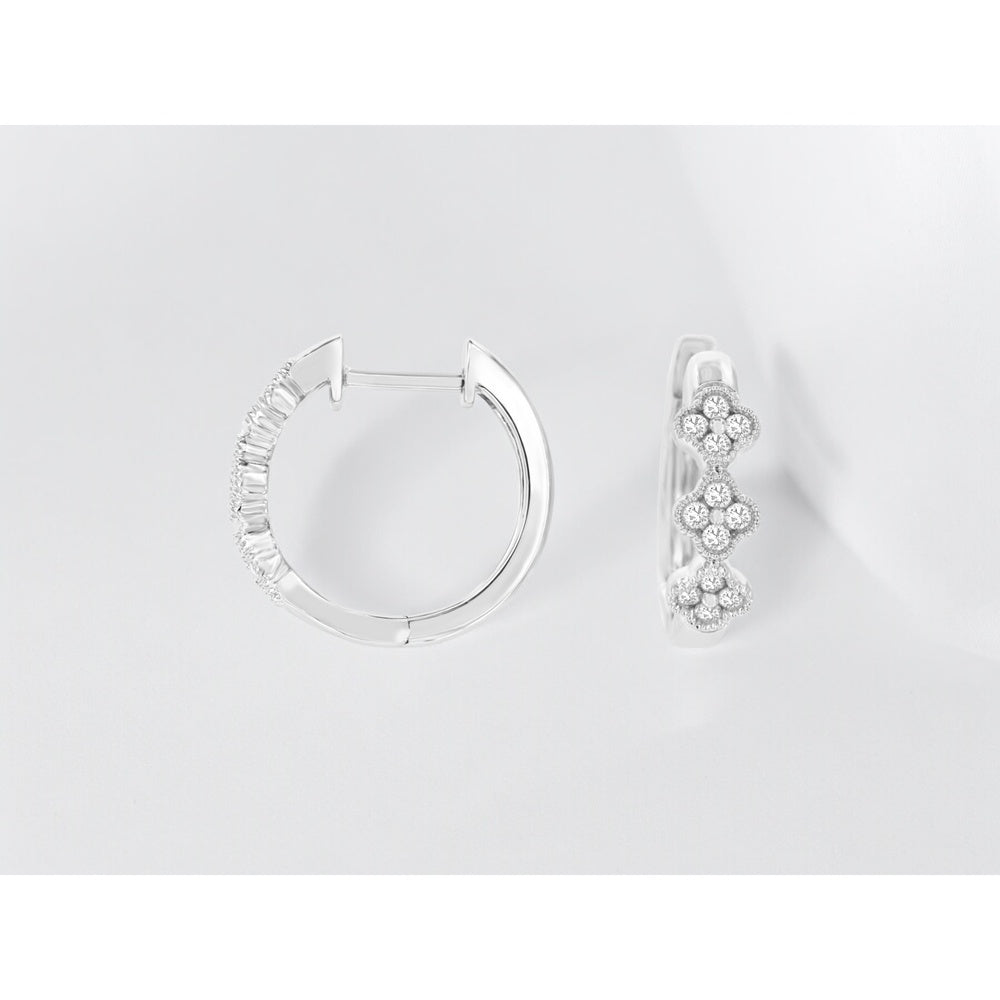14K White Gold Huggie Hoop Earrings with Milgrain Four-Leaf Clover Diamond Clusters - 0.21 Carat Total Diamond Weight - Royal Jewelry