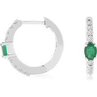 14K White Gold Huggie Hoop Earrings with Oval Emeralds and Pave-Set Round Diamonds - 0.35 Carat Total Emerald Weight and 0.20 Carat Total Diamond Weight - Royal Jewelry