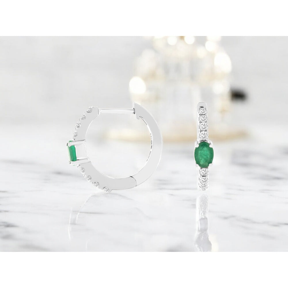 14K White Gold Huggie Hoop Earrings with Oval Emeralds and Pave-Set Round Diamonds - 0.35 Carat Total Emerald Weight and 0.20 Carat Total Diamond Weight - Royal Jewelry