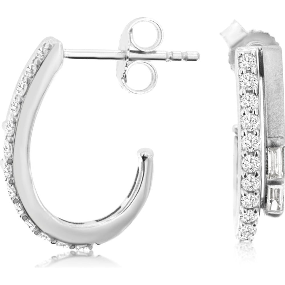 14K White Gold Huggie Hoop Earrings with Prong-Set Round Diamonds - 0.40 Carat Total Diamond Weight - Royal Jewelry