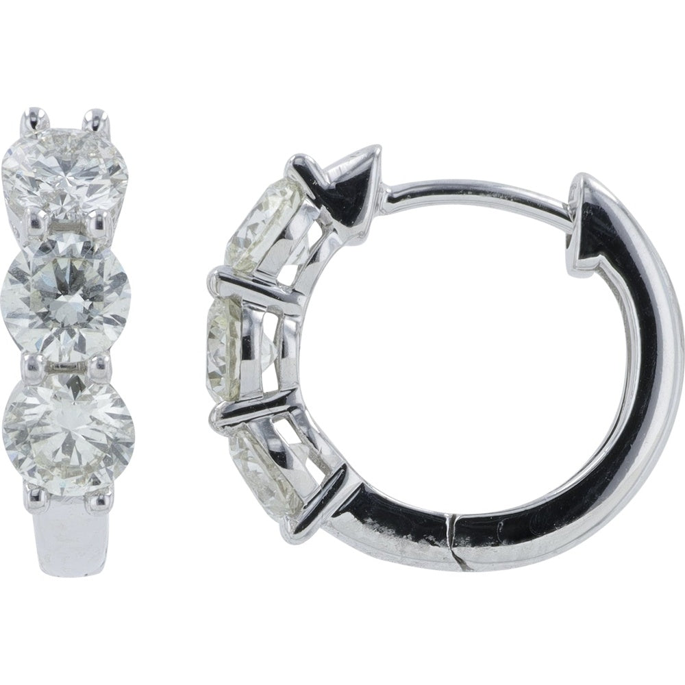 14K White Gold Huggie Hoop Earrings with Prong-Set Round Diamonds - 1.10 Carat Total Diamond Weight