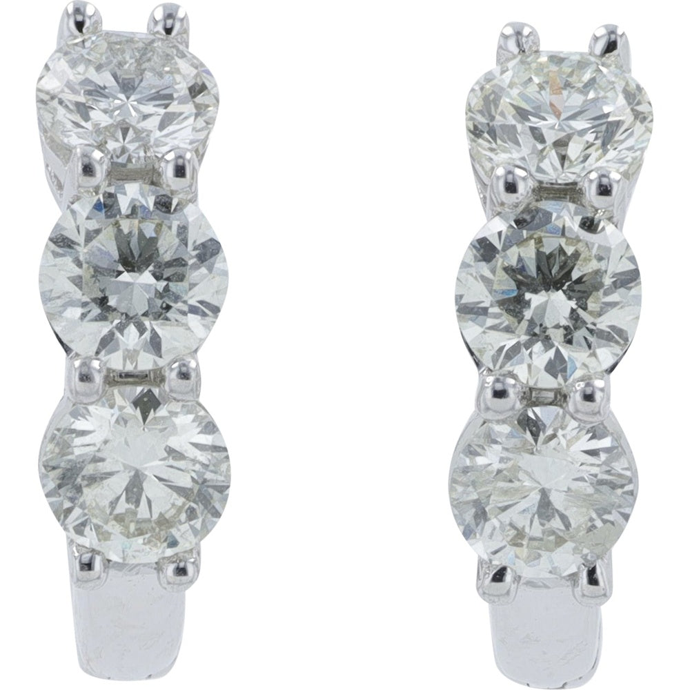 14K White Gold Huggie Hoop Earrings with Prong-Set Round Diamonds - 1.10 Carat Total Diamond Weight