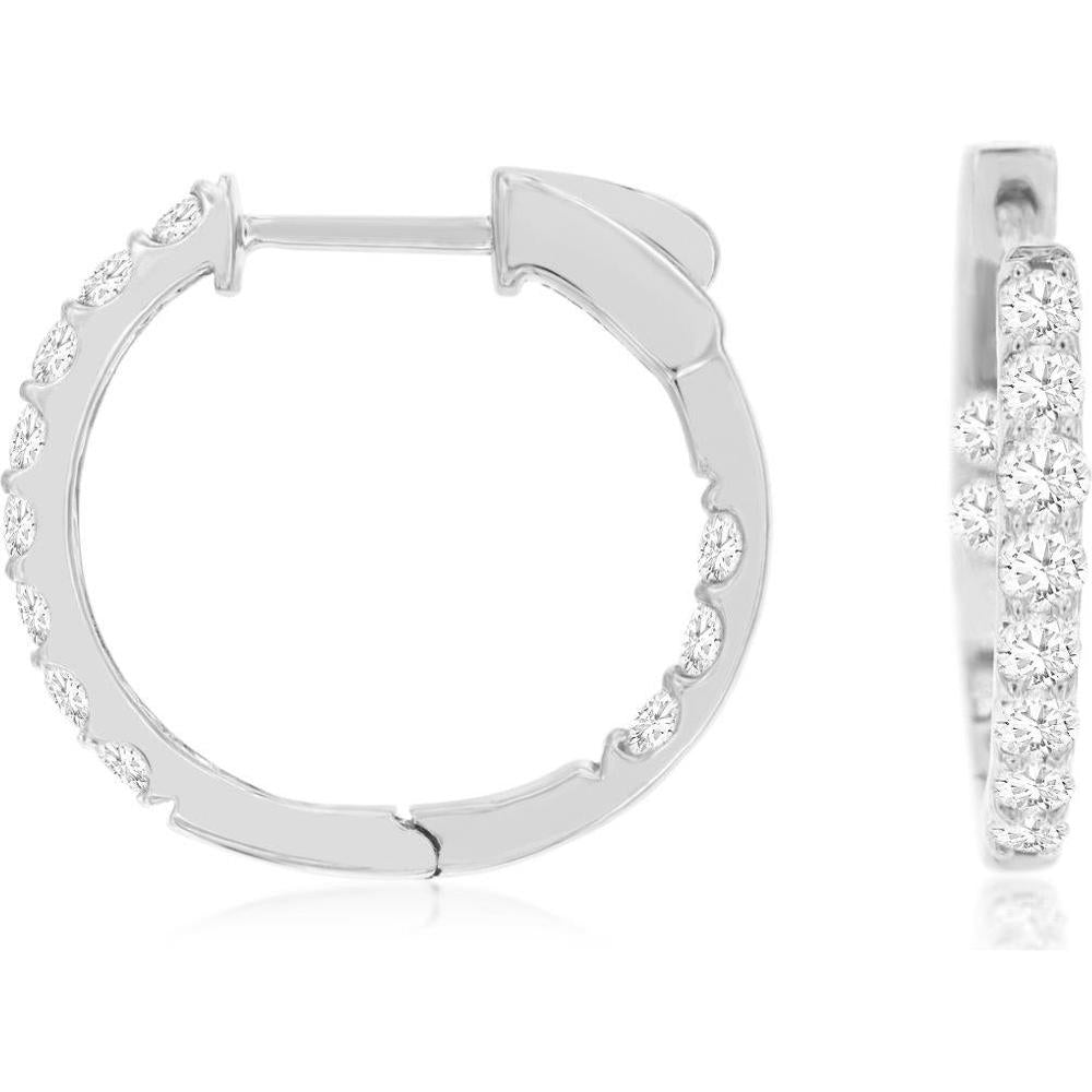 14K White Gold Huggie Hoop Earrings with Round Brilliant Cut Diamonds - 1.00 Carat Total Diamond Weight - Royal Jewelry