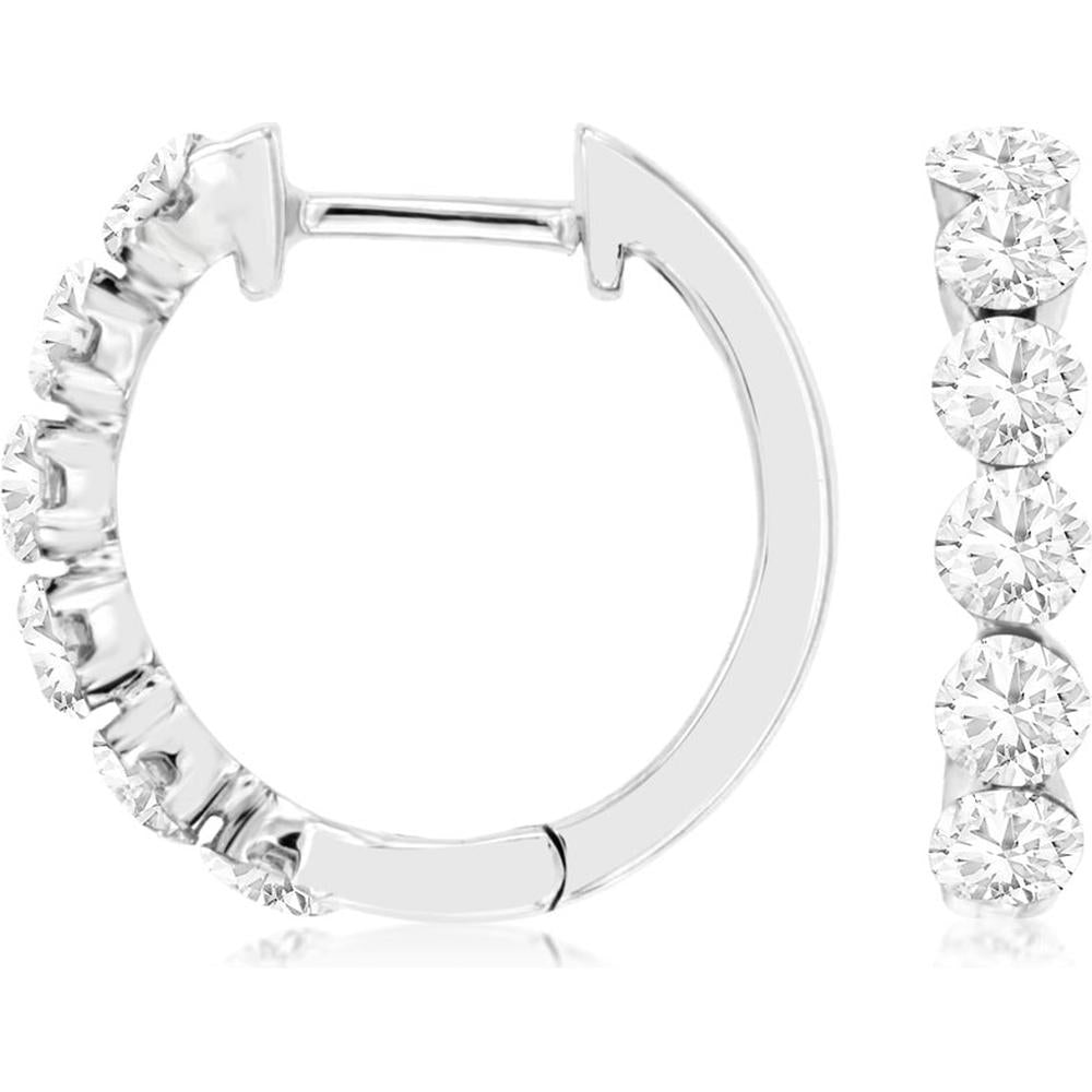 14K White Gold Huggie Hoop Earrings with Round Diamonds - 1.00 Carat Total Diamond Weight - Royal Jewelry
