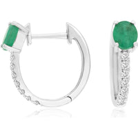 14K White Gold Huggie Hoop Earrings with Round Emeralds and Diamond Accents – 0.70 Carat Total Emerald Weight, 0.17 Carat Total Diamond Weight - Royal Jewelry
