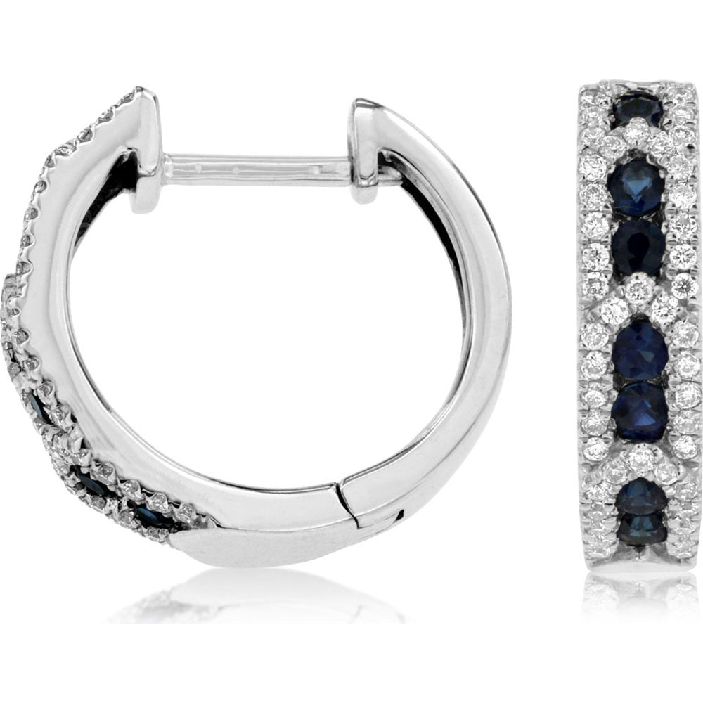 14K White Gold Huggie Hoop Earrings with Round Sapphires and Diamond Accents - 0.40 Carat Total Sapphire Weight and 0.21 Carat Total Diamond Weight - Royal Jewelry