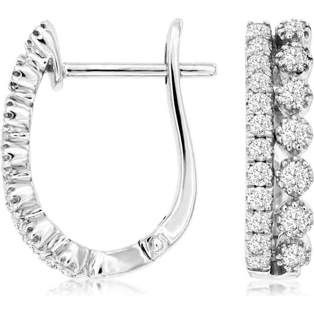 14K White Gold Huggie Hoop Earrings with Shared-Prong Round Diamonds - 0.54 Carat Total Diamond Weight - Royal Jewelry